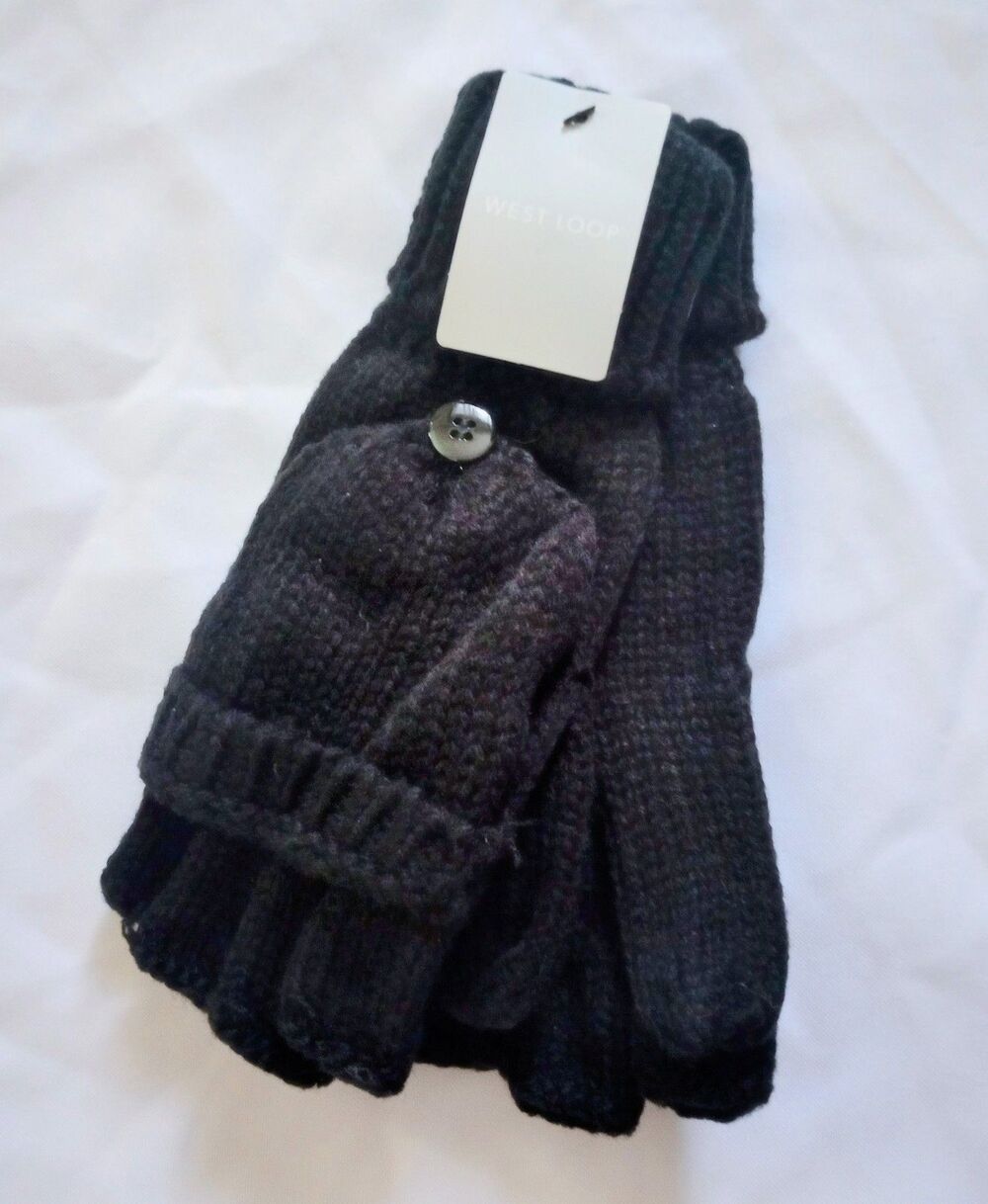 NWT West Loop Women’s Fingerless Knit Gloves Mittens Combo BLACK One Size